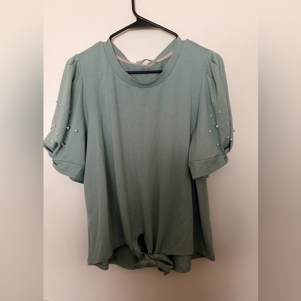 Pearl-Embellished Sage Green Tie-Hem Women's Top